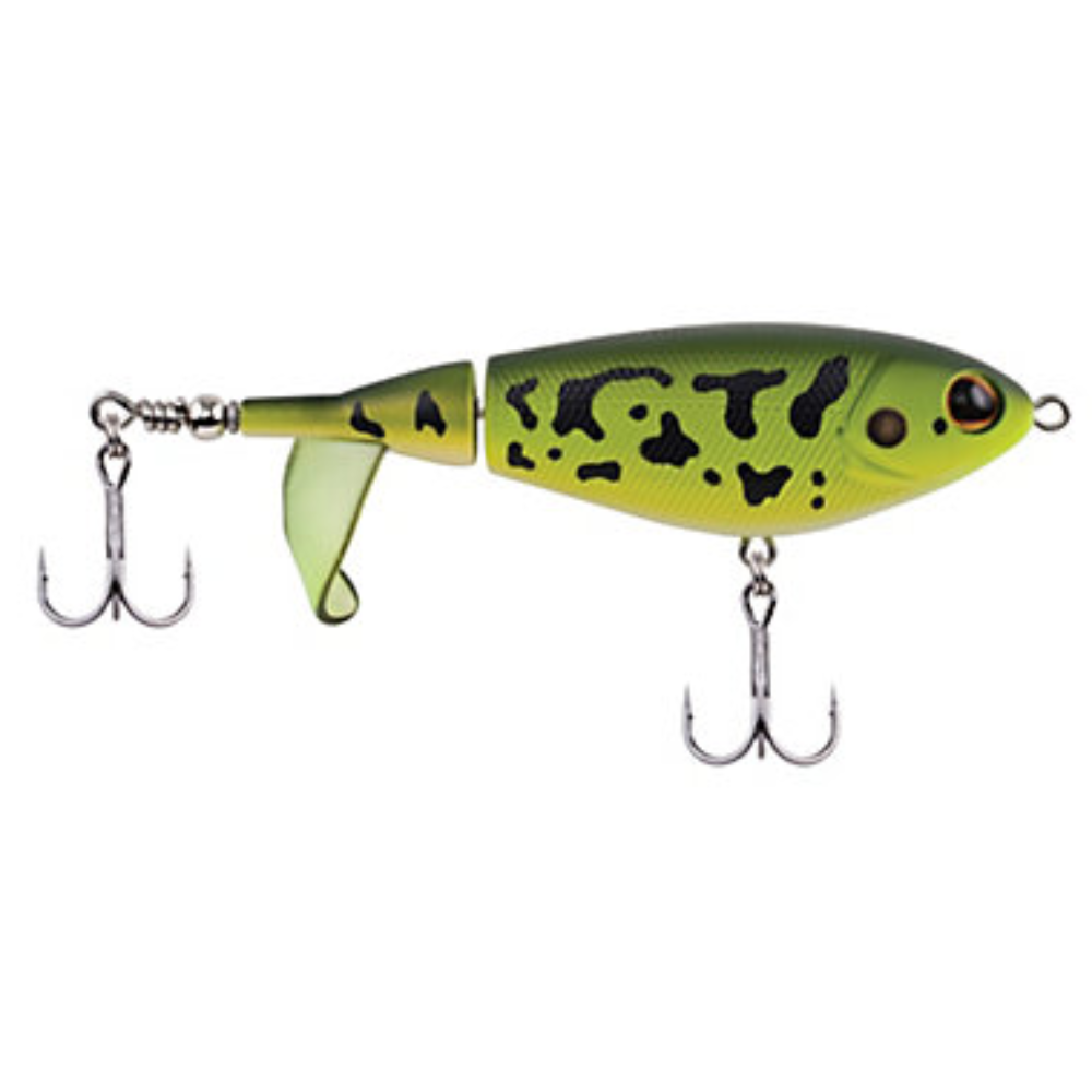Fishing lure with green and black pattern on a white background